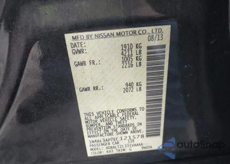 2014 Nissan Altima 2.5 Sv z USA, uszkodzony, nr VIN 1N4AL3AP7EC121578